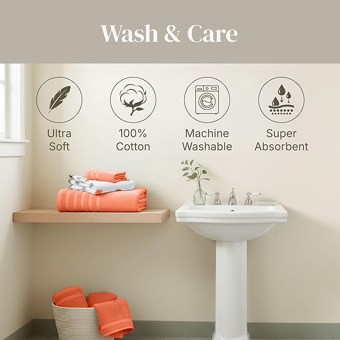 Modern Threads Natural Vine 6-Piece 100% Cotton Towel Set – Yarn Dyed Jacquard – Includes 2 Bath Towels, 2 Hand Towels, 2 Washcloths – Absorbent, Quick Dry, Soft & Durable – Rust Orange