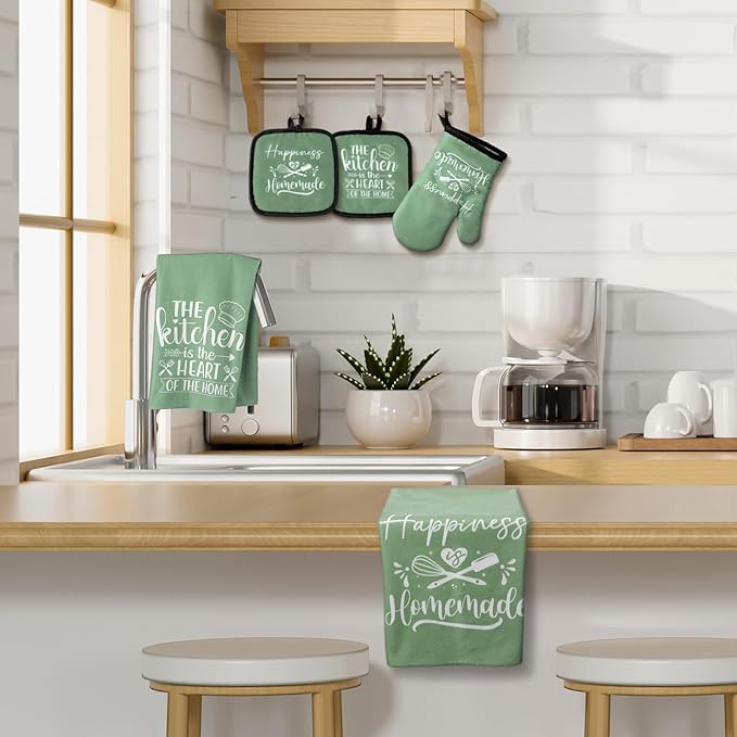 Sratte 6 Pcs Kitchen Decor Accessories Set Farmhouse Towels Pot Holders Oven Mitts Set 2 Dish Towels 2 Potholders 2 Cooking Mittens Oven Glove for Christmas Baking Cooking Supply(Sage Green,Kitchen)