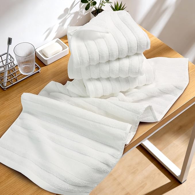 Jacquotha Luxurious 4-Pack Ribbed Striped Hand Towels (White) – Hotel & Spa Premium Cotton Face Towels 13” x 29”, Soft and Quick Drying 470 GSM