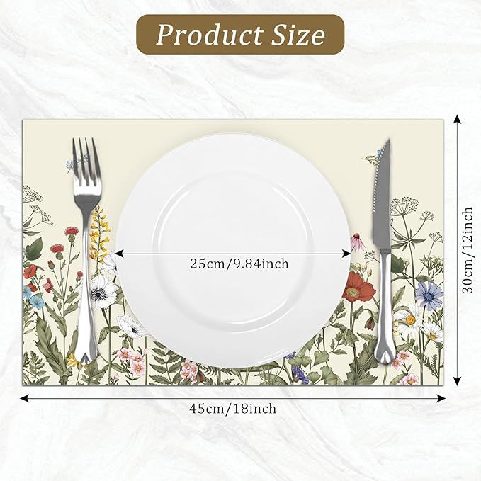 comfoyar Spring Wildflower Placemats Set of 4, 12x18 Inch Non-Slip Linen Antique Herbs and Wild Flowers Place Mats, Washable Absorbent Table Mats for Kitchen Dining Party Table Decoration