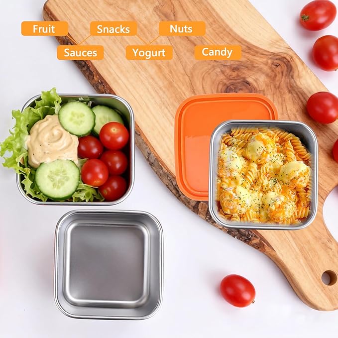 Stainless Steel Snack Box Containers - 8 Pack 6oz Reusable Small Snack Containers with Silicone Lids, 304 Metal Stackable Food Storage Cups, Salad Dressing Dipping Sauce for Travel, Picnic