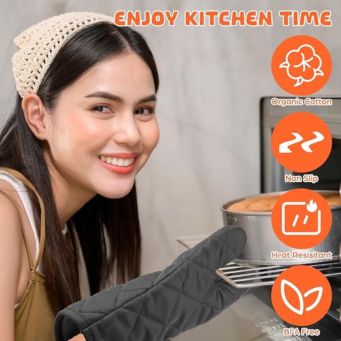6 Pairs Heat Resistant Oven Mitts Kitchen Oven Gloves 11 Inch Long Quilted Cotton Polyester Kitchen Gloves for Cooking, Baking, Grilling BBQ (Charcoal Grey)