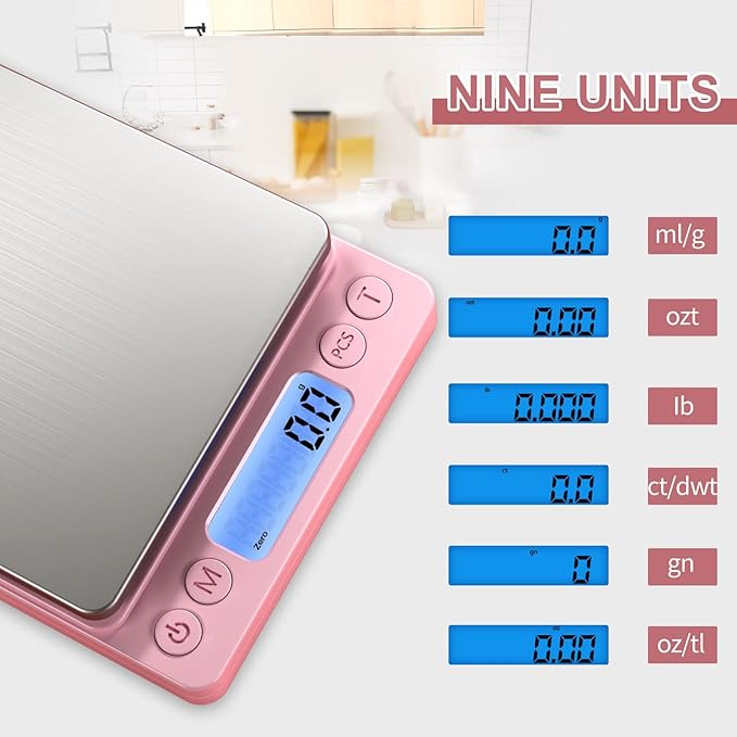 Digital Food Scale for Food Ounces and Grams,YONCON 3000g/0.1gram Accuracy Multifunctional Kitchen Scale for Cooking, Baking | Small Size for Easy Storage | Tare Function, Pink
