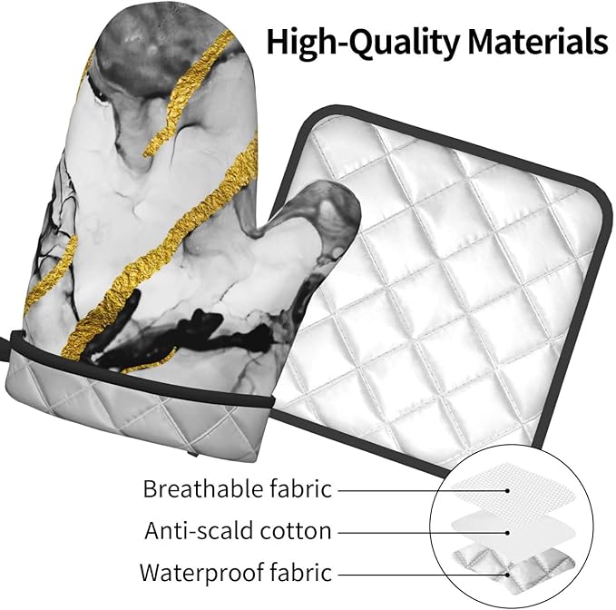 Black White Marble with Gold Stripes Oven Mitts and Pot Holders Set of 3, Non-Slip Heat Resistant Modern Abstract Art Hot Pads Kitchen Gloves for Cooking Grilling Baking, Gifts for Women, Home Decor