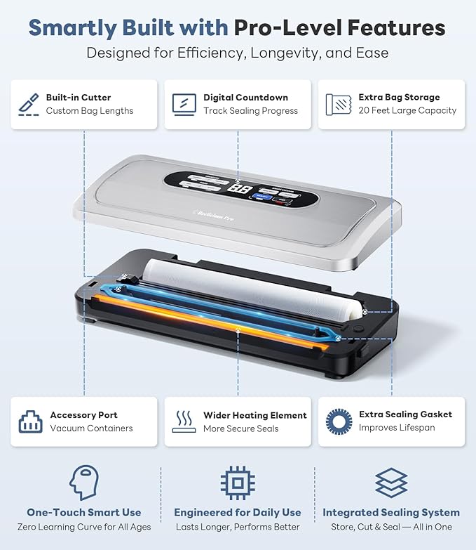 Vacuum Sealer Machine with AirLock ProSeal System, 10-in-1 Vacuum Sealer for Food, Dry & Moist Modes, Compact Design with Digital Timer, Built-in Cutter & Roll Storage, Silvery-White