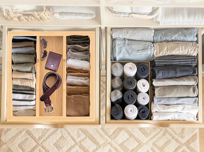 Bamboo Expandable Kitchen Drawer Organizer, 13" - 23" Adjustable Utensils Holder and Cutlery Tray, 3-5 Slots Drawer Organizer for Silverware Flatware
