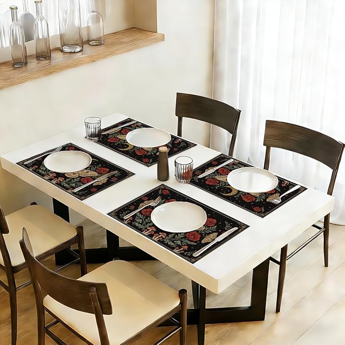 Black Poppy Moth Moon Placemats Set of 4, Floral Spring Table Mats for Outdoor Home Party Kitchen Dining Decor, Washable Non-Slip Heat Resistant Place Mats,Gothic Gifts for Women Mom Friend 12x18 Inch