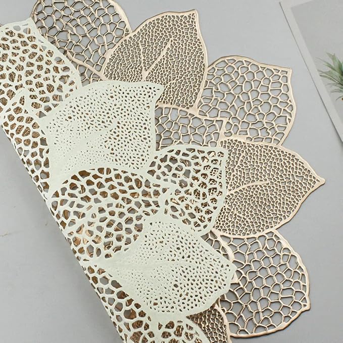 Gold Round Placemats for Dining Table Set of 6 Pressed Vinyl Metallic Table Mats Hollow Out Hibiscus Flower Place Mats for Dinner Decor Holiday Wedding Accent Centerpiece