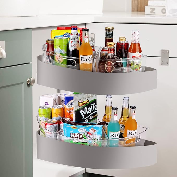 URALFA Lazy Susan Organizer Bins, Corner Cabinet Clear Turntable Organizer, Plastic Corner Kitchen Storage Bins for 26"- 28" Diameter Corner Cabinet Lazy Susan, 1/8 Wedge-BPA Free, 6 Pack