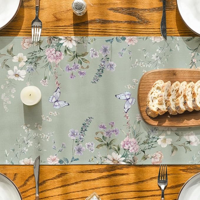 Artoid Mode Green Floral Wildflower Leaf 210 GSM Spring Table Runner, Seasonal Summer Kitchen Dining Table Decoration for Home Party Decor 13x72 Inch