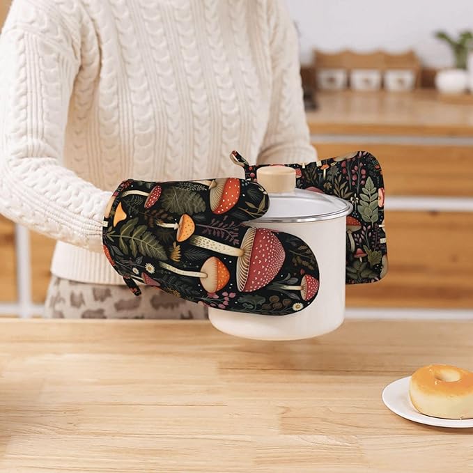 Oven Mitts and Pot Holders Mushroom Botanical Leaf Vintage Silicone Kitchen Accessories Set of 2 Heat Resistant Long Gloves Potholder Non-Slip Grip for Chef Cooking Baking Grilling BBQ