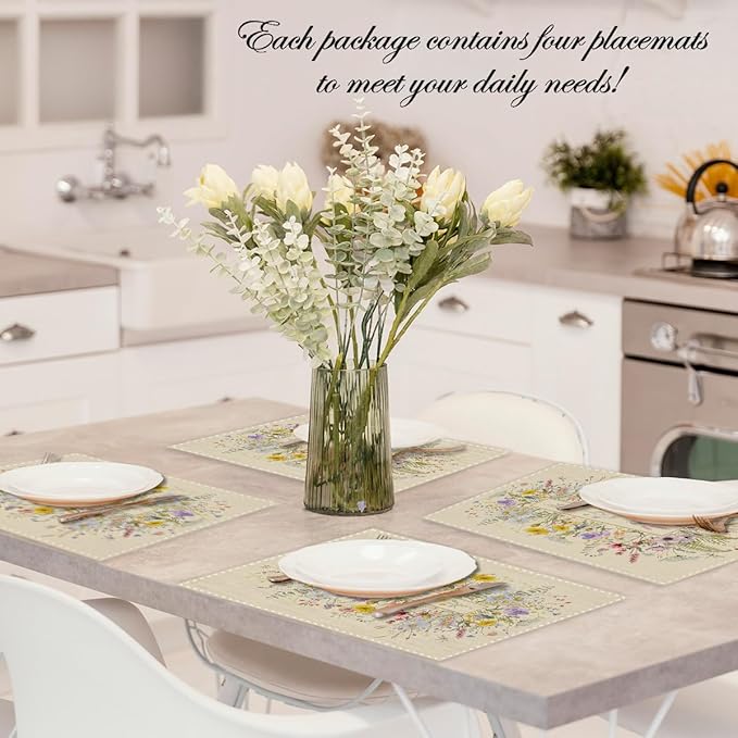 Wildflower Linen Placemats Set of 4, Wild Flowers Waterproof Washable Heat Resistant Place Mats 12x18 Inch, Table Mat for Outdoor Indoor Home Kitchen Party Dining Decoration-05