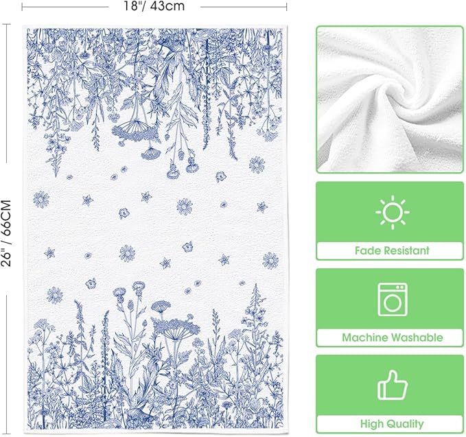 Artoid Mode Blue Antique Herbs Wild Flowers Leaves Spring Kitchen Towels Dish Towels, 18x26 Inch Seasonal Decoration Hand Towels Set of 2