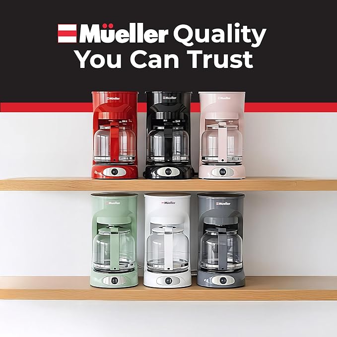 MUELLER HOME 12-Cup White Coffee Maker - Borosilicate Carafe, Auto-Off, Reusable Filter, Anti-Drip, Keep-Warm Function, Clear Water Level Window, White Kitchen Accessories