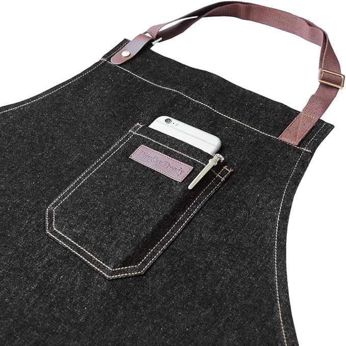 Denim Chef Apron with Pockets, Mens Womens Professional Kitchen Bib Black Apron for Cooking Grill BBQ Server, with Towel Loop and Adjustable Neck Straps