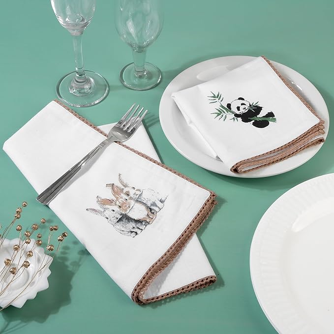 FINGERCRAFT Cloth Napkins, Set of 12 Cotton Linen Blend Printed Dinner Napkins Cloth Mitered Corner Perfect for Parties Dinners Weddings Cocktail Christmas Easter 20x20 Multi Animal Print
