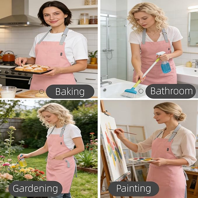 Womens Apron With Pockets Adjustable Shoulder Strap,Apron For Men 38.5" Extra-Long Straps Fit More Body Types,Chef Apron For Kitchen Garden Barbecue Woodworking. (Pink)