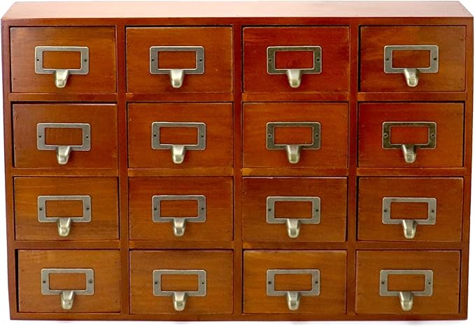 QWORK Desk Drawer Organizer, Wooden Vintage Apothecary Cabinet with 16 Drawers, Home Office & Tea & Dresser Bedroom Organization and Storage, Traditional Apothecary Cabinet, Brown