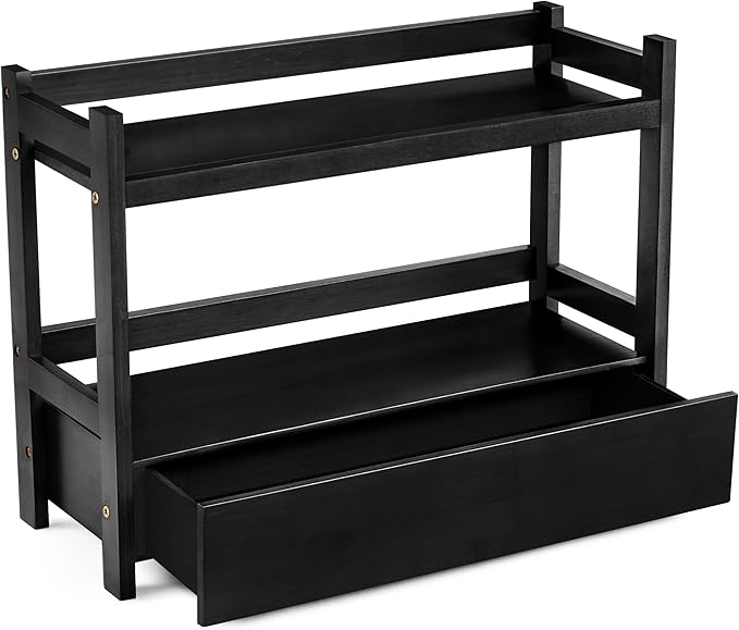 Sorbus Bamboo Bathroom Counter Organizer – 2-Tier Shelf with Hidden Drawer for Vanity, Matcha Station, Bathroom Sink Organizer Countertop, Kitchen & Office Storage (17″ L x 6.5″ W x 12.6″ H) (Black)