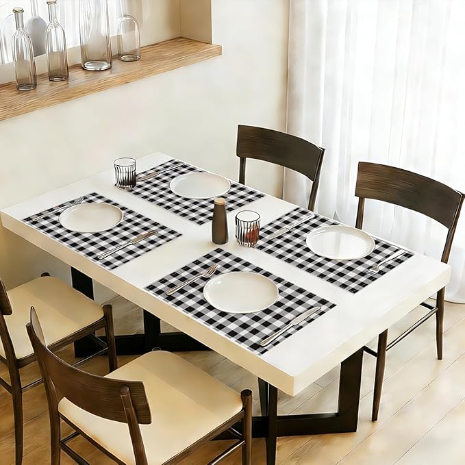 Black and White Placemats Set of 4, Buffalo Plaid Linen Placemats 12x18 Inch, Washable Heat Resistant Wipeable Table Mats for Outdoor Home Party Kitchen Dining Table,Black and White Linen Place mats
