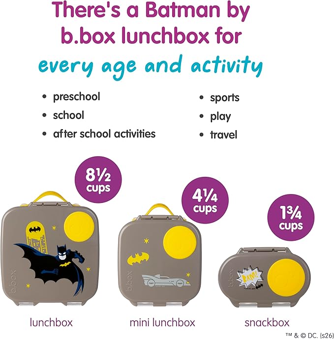 b.box Batman Snack Box - Leakproof 2 Compartment Snack Containers for Kids, Mini Bento Box for Kids & Toddlers, Lunch Containers, Dishwasher Safe, BPA Free, PFAS Free, Ages 4m+, 1.75 Cup Capacity