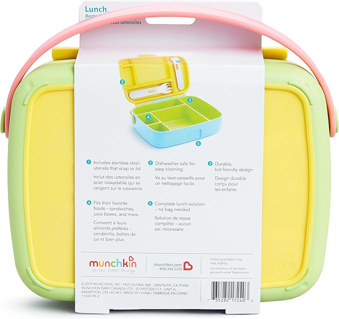 Munchkin Lunch Bento Box for Kids and Toddlers, Includes Stainless Steel Utensils, BPA-Free, 18 Months and Up, Pink/Green/Yellow