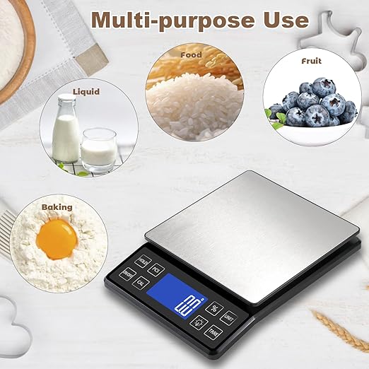 SEMIER Digital Kitchen Scale with 0.1g/0.001oz High Precision, 5kg/11lb Food Bakery Scale with% Percentage Function, Tare Function, USB Rechargeable or AAA Battery Power, Stainless Steel Pan
