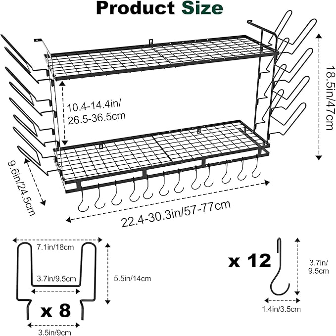 Housolution Pot Rack Wall Mounted, 22''-30'' Length Expandable, 3 Level Height Adjustable, 2 Tier Heavy Duty Hanging Cookware Pan Organizer with 12 Hooks and 8 Lid Holders