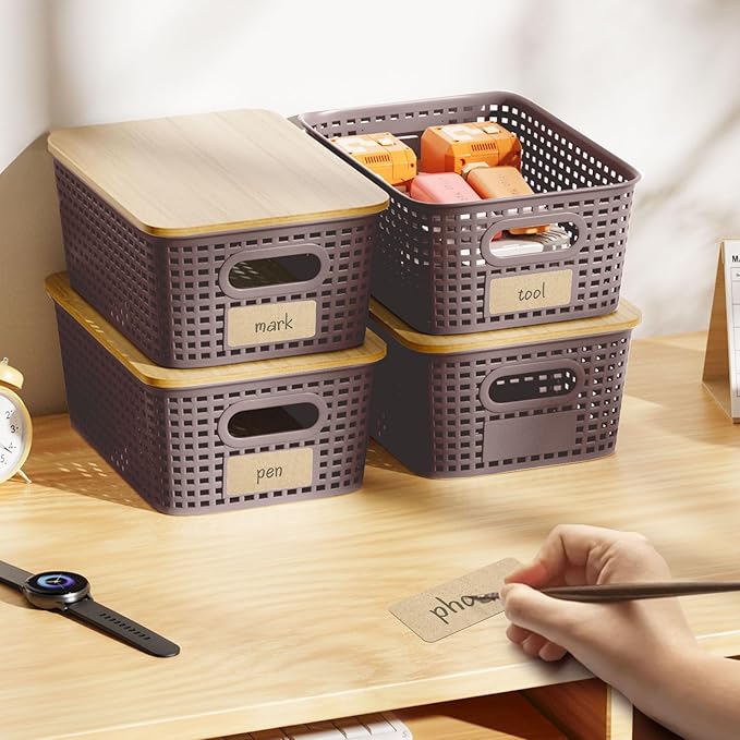 6Pcs Storage Bins with Lids, Stackable Plastic Storage Basket with Bamboo Lid, Pantry Organizer Box Small Containers for Organizing Shelves Drawer Desktop Closet Cabinet Office Classroom 10x7.1x4.1in