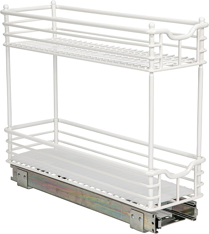 Household Essentials Glidez Multipurpose Paint-Finished Steel Pull-Out/Slide-Out Storage Organizer with Plastic Liners for Under Cabinet Use - 2-Tier Design, White
