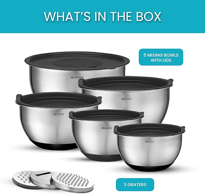Belwares Mixing Bowls with Lids Set of 5 - Stainless Steel Mixing Bowl Set, Nesting Metal Bowls with Non Slip Bottoms + 3 Grater Attachments, Airtight Lids for Baking, Food Prep + Storage, Black