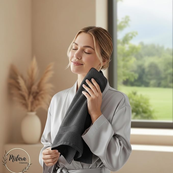 Milara Turkish Super-Plush Bathroom Hand Towels Set 2-Piece | Premium Cotton Hand Towels Set Absorbent, Durable with Hanging Loops | Anthracite (Dark Gray) Hand Towel, (16 x 30 Inches)