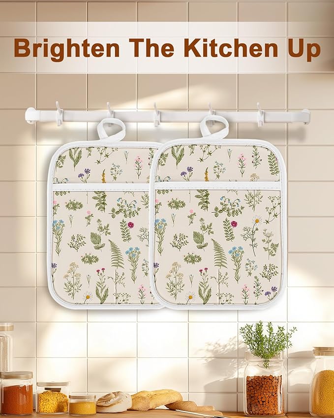 Swooflia 100% Cotton Pot Holders 2 Pack Set for Kitchen with Pockets - Cute 440°F Heat Resistant Oven Hot Pads Heavy Duty for Countertop Home Cooking Baking Microwave BBQ Retro Flower