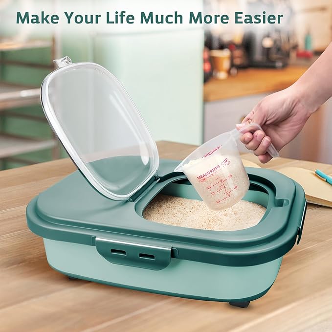 Komzon Rice Storage Containers, Collapsible 20 to 30Lbs Food Storage Bin Dispenser with Rolling Wheel and Clear Airtight Lid, BPA Free Flour, Sugar, Cereal and Dog Cat Pet food Containers