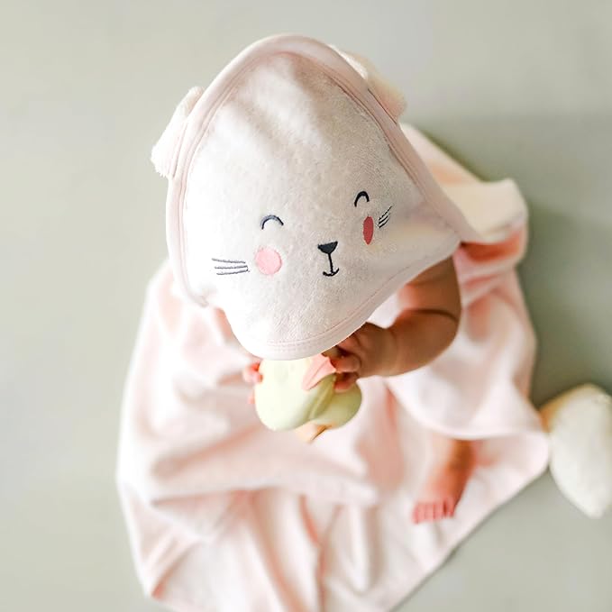 CuddleBug Premium Hooded Baby Bath Towel & Washcloth Set (Bear) - 100% Cotton Terrycloth Hooded Baby Towels for Newborn & Toddler - Super-Soft & Absorbent, Newborn Essentials (33" x 33") - White Lamb