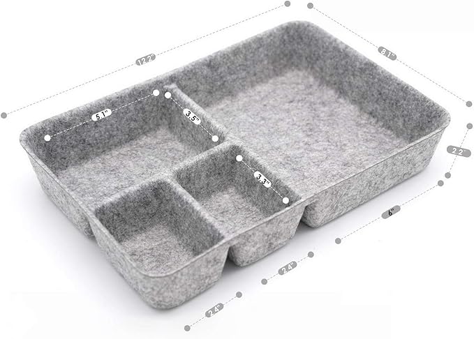Welaxy Junk Drawer Organizer bin 4 Compartments Office Organizers Bins Felt Trays Drawers 2 dividers Multi-Purpose Storage (Grayx2)