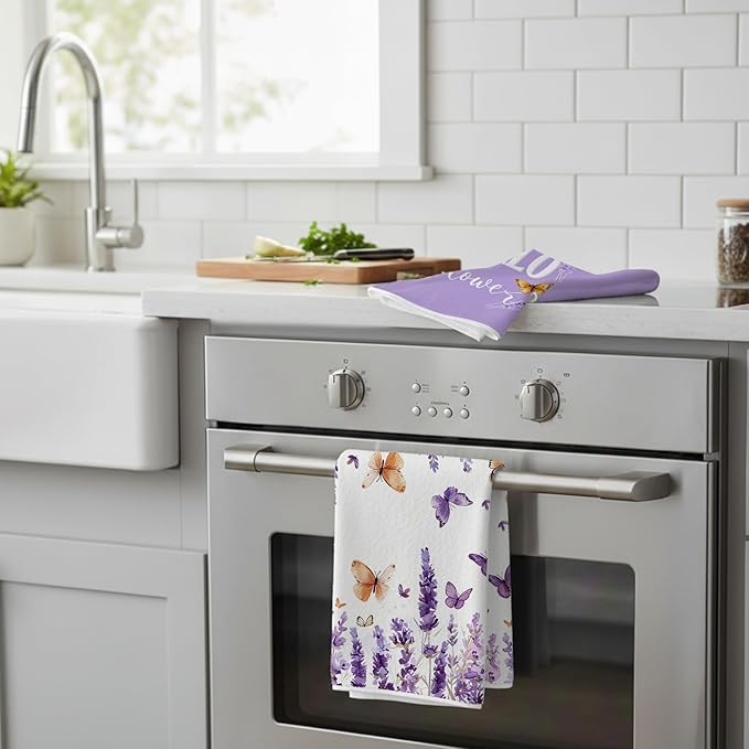 4Pcs Purple Lavender Kitchen Towels-16×24in Spring Floral Dish Towels, Super Absorbent Flower Holiday Decor Hand Towels for Kitchen Bathroom Home Easter Mother‘s Day Gifts
