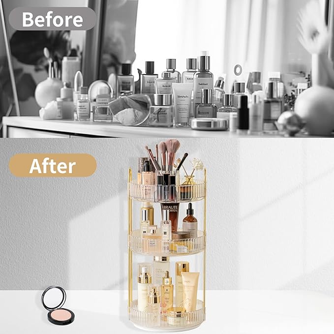 Asayuee 360 Rotating Makeup Organizer,3 Tier Large Capacity Make Up Organizers and Storage,Skincare Perfume Vanity Organizers,Bathroom Cosmetics Storage Organizer Countertop(Clear)
