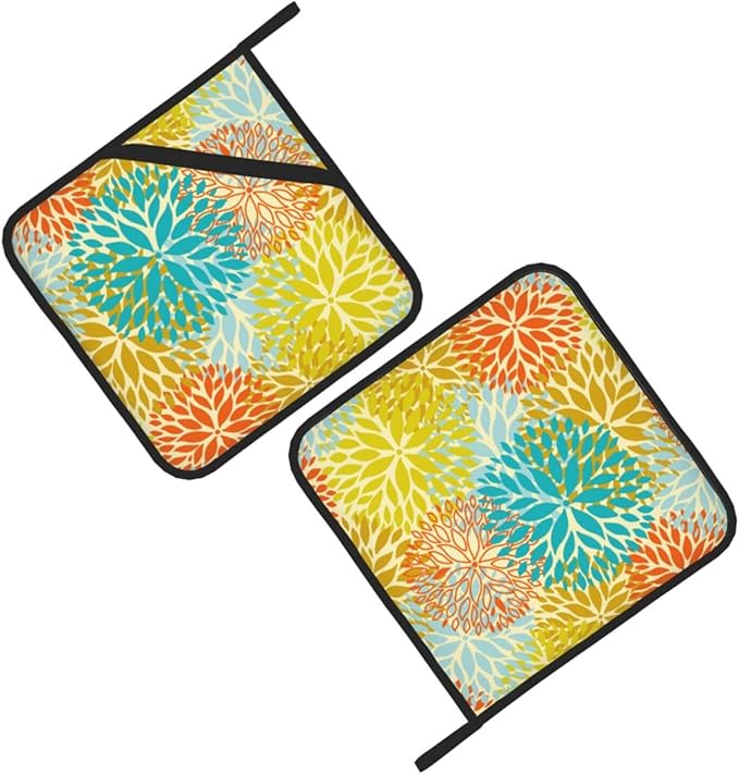 Pot Holders Set of 2 Heat Resistant & Non Slip Potholders, Cute Floral Oven Hot Pads with Pockets for Kitchen Cooking Baking Barbecue