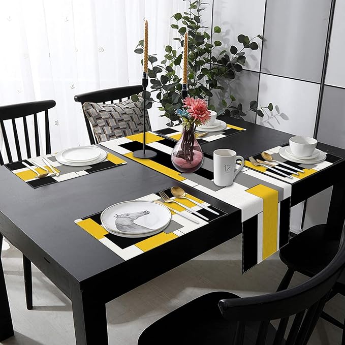 ArtSocket Geometric Table Runner and Placemats Set of 6, Yellow Black Grey Abstract Painting Art Dining Decor for Daily Use(1 Table Runner 72 inches Long and 6 Placemats)