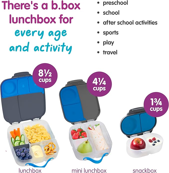 b.box Snack Box - Leakproof Mini Bento Box for Kids & Toddlers, 2 Compartment Snack Containers for Kids, Lunch Containers, Dishwasher Safe, BPA Free, PFAS Free, Ages 4m+, 1 3/4 Cup - Blue Slate