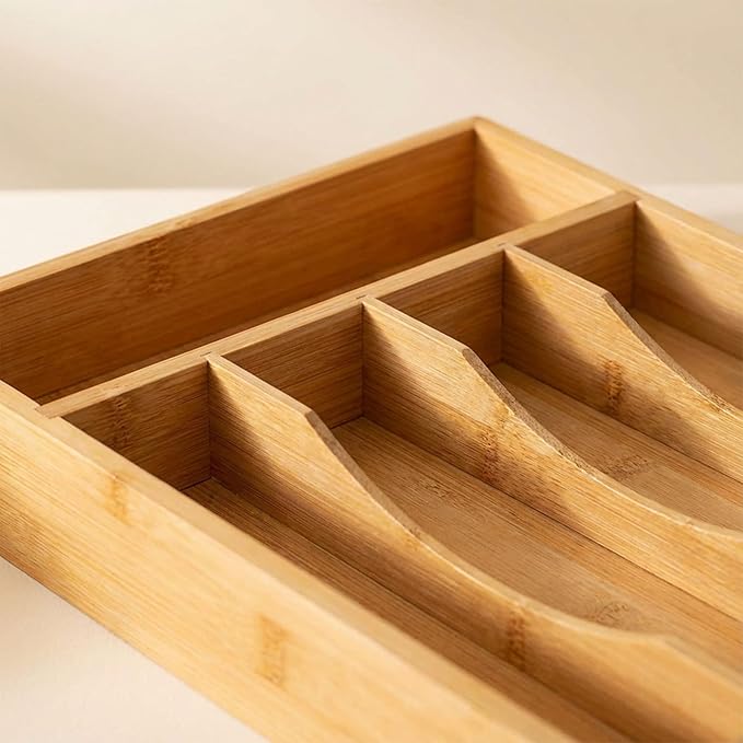 Krismax Bamboo Silverware Drawer Organizer,5 slots Wood Storage Containers, Junk Drawer Divider Organzers, Untensils Cutlery Tray, Kitchen Flatware