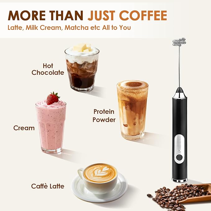Handheld Milk Frother, rechargeable milk frother with 2 Stainless Steel Whisks 3 Speeds Electric Drink Mixer, Coffee Mixer Wand for Latte, Cappuccino, Matcha, Hot Chocolate, Egg (Black)