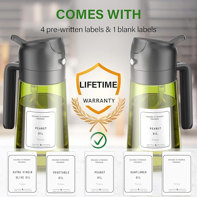 Vakoo Oil Sprayer for Cooking, 2 in 1 Oil Dispenser for Kitchen, 16oz/470ml Light-Blocking Dark Glass Olive Oil Spray Bottle, Air Fryer, Salad & BBQ (Black&Black)