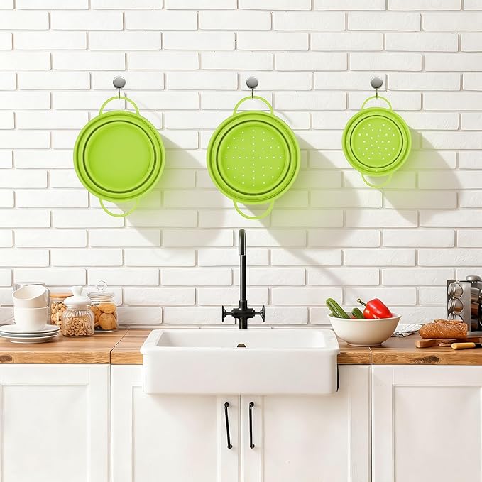 3 Pack Collapsible Colander with Strainer Bowl Set, 11 & 13 In BPA-Free Silicone Colanders for Kitchen, Heat-Resistant Strainer Dishwasher Safe Baskets for Vegetable Fruits (Green)