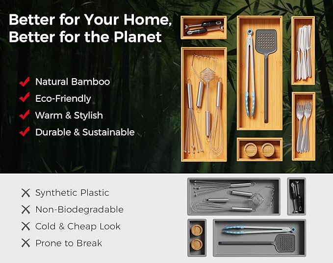 Small Bamboo Kitchen Drawer Organizer Boxes – 6" x 3" Stackable Wood Silverware Utensil Tray for Drawers Bins Cutlery & Flatware Storage – Wooden Organizers Set of 2 for Junk Drawer, Bathroom, Rv