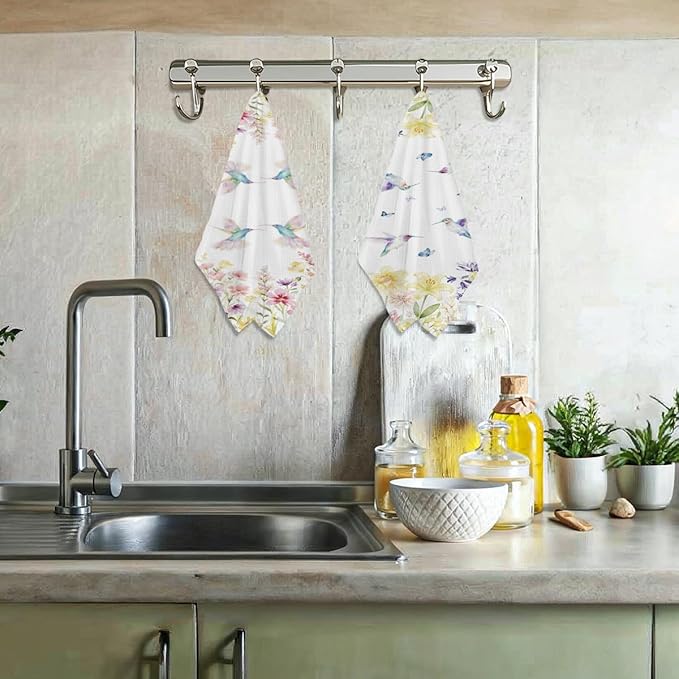 2 Pcs Hummingbird Floral Kitchen Towels Set, Absorbent Microfiber Waffle Weave Dish Cloths, Decorative Hand Towels for Bathroom Kitchen, Hummingbird Gifts for Women Housewarming Spring Holiday