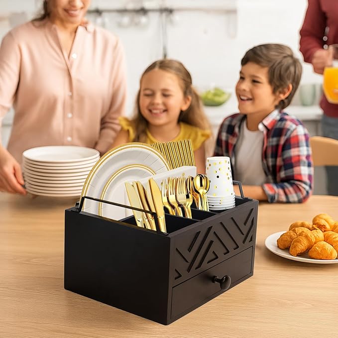 Paper Plate Dispenser with Drawer, country style Wood Kitchen Counter, Picnic, Party, Camping - Caddy Organizer for Cups, Spoons, Forks, Plates, office supplies, Napkins & Silverware(Black)
