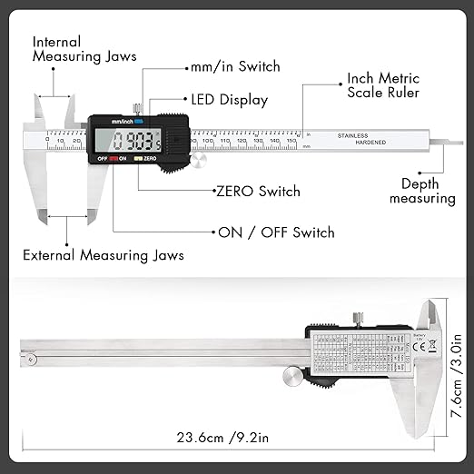 Electronic Digital Caliper Measuring Tool, Stainless Steel Vernier Caliper Digital, Easy Switch from Inch Metric, LCD Screen,0-6inch/150mm Caliper Measuring Tool for DIY/3D Printing