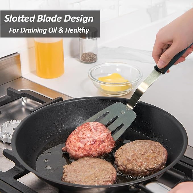 Stainless Steel Spatula, Flexible Metal Slotted Turner for Cast Iron Skillet, Thin Blade and Heat Resistant Silicone Handle, Great for Egg, Cookie, Meat, Crep, Large